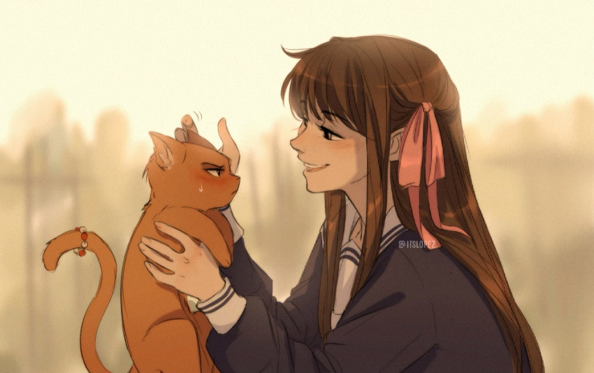 1boy, 1girl, alternate_form, animal, blunt_bangs, blush, brown_hair, cat