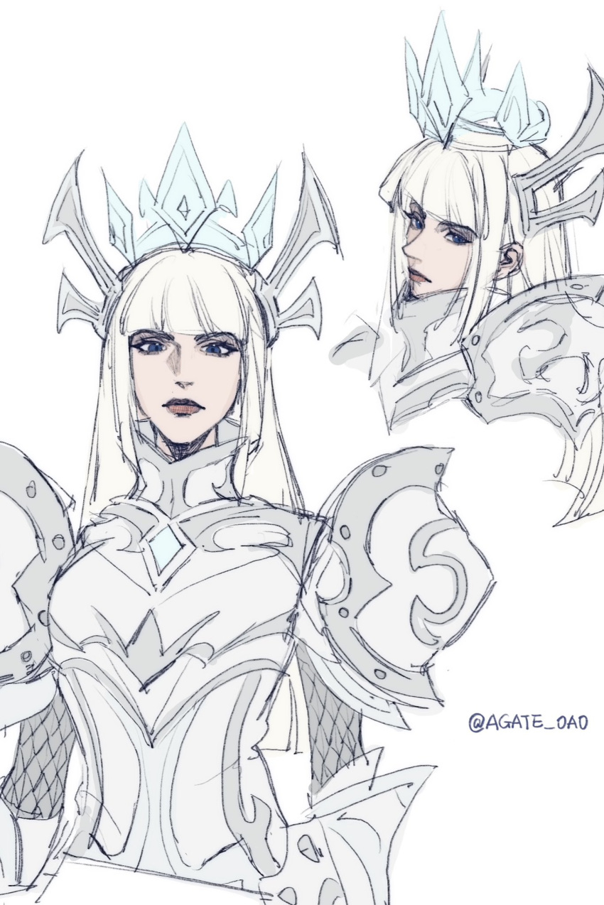 1girl, armor, artist_name, blonde_hair, blue_eyes, closed_mouth, crown, fishnets