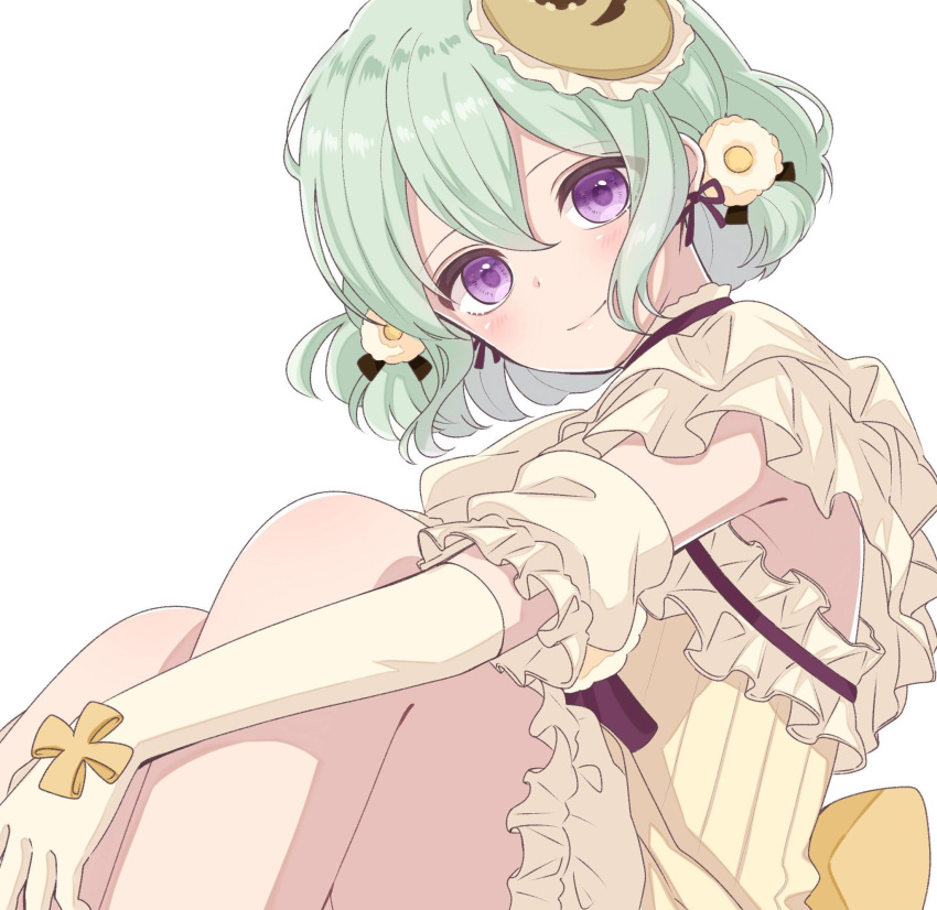 bow, bowtie, dress, flower, frilled_dress, frills, green_hair, hair_bun