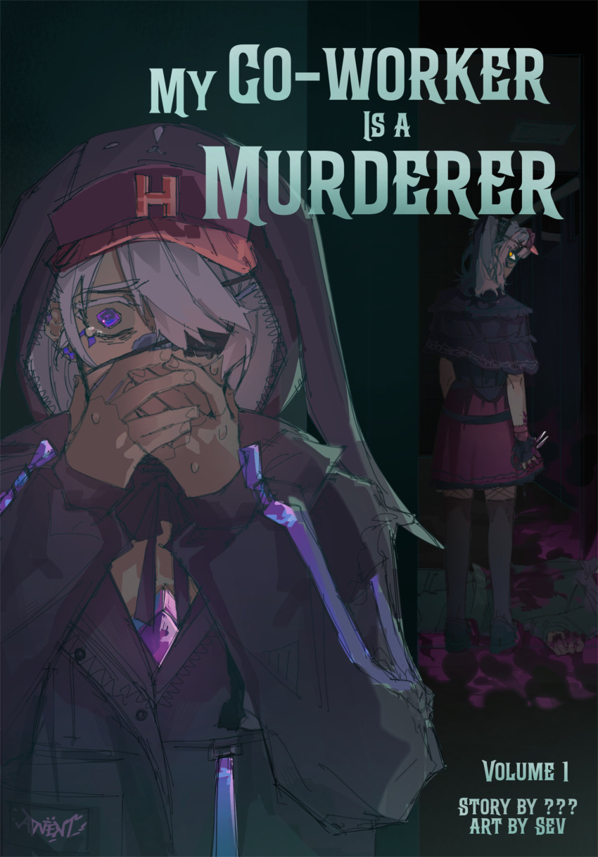 2girls, absurdres, bandaid, bandaid_on_face, bandaid_on_nose, black_cape, black_corset, black_hair