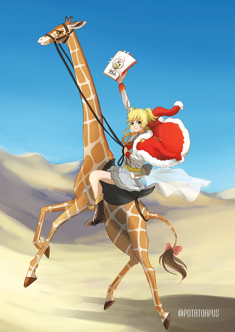 1girl, aiguillette, belt, black_footwear, blonde_hair, boots, bow, closed_mouth, daiba_nana, epaulettes, fur-trimmed_jacket, fur_trim, giraffe, giraffe_(revue_starlight), gold_trim, green_eyes, green_ribbon, grey_jacket, grey_skirt, hair_between_eyes, hair_ribbon, holding, jacket, jacket_on_shoulders, long_sleeves, napoleon_bonaparte, napoleon_crossing_the_alps, parody, pelisse, pleated_skirt, potatoapus, red_jacket, red_sash, ribbon, sash, short_hair, short_twintails, shoujo_kageki_revue_starlight, shoulder_sash, single_stripe, skirt, striped_clothes, striped_skirt, tail, tail_bow, tail_ornament, twintails, waist_cape, yellow_belt