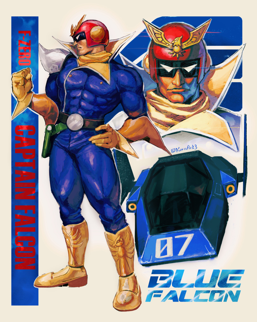 1boy, absurdres, belt, blue_bodysuit, blue_falcon, bodysuit, boots, captain_falcon