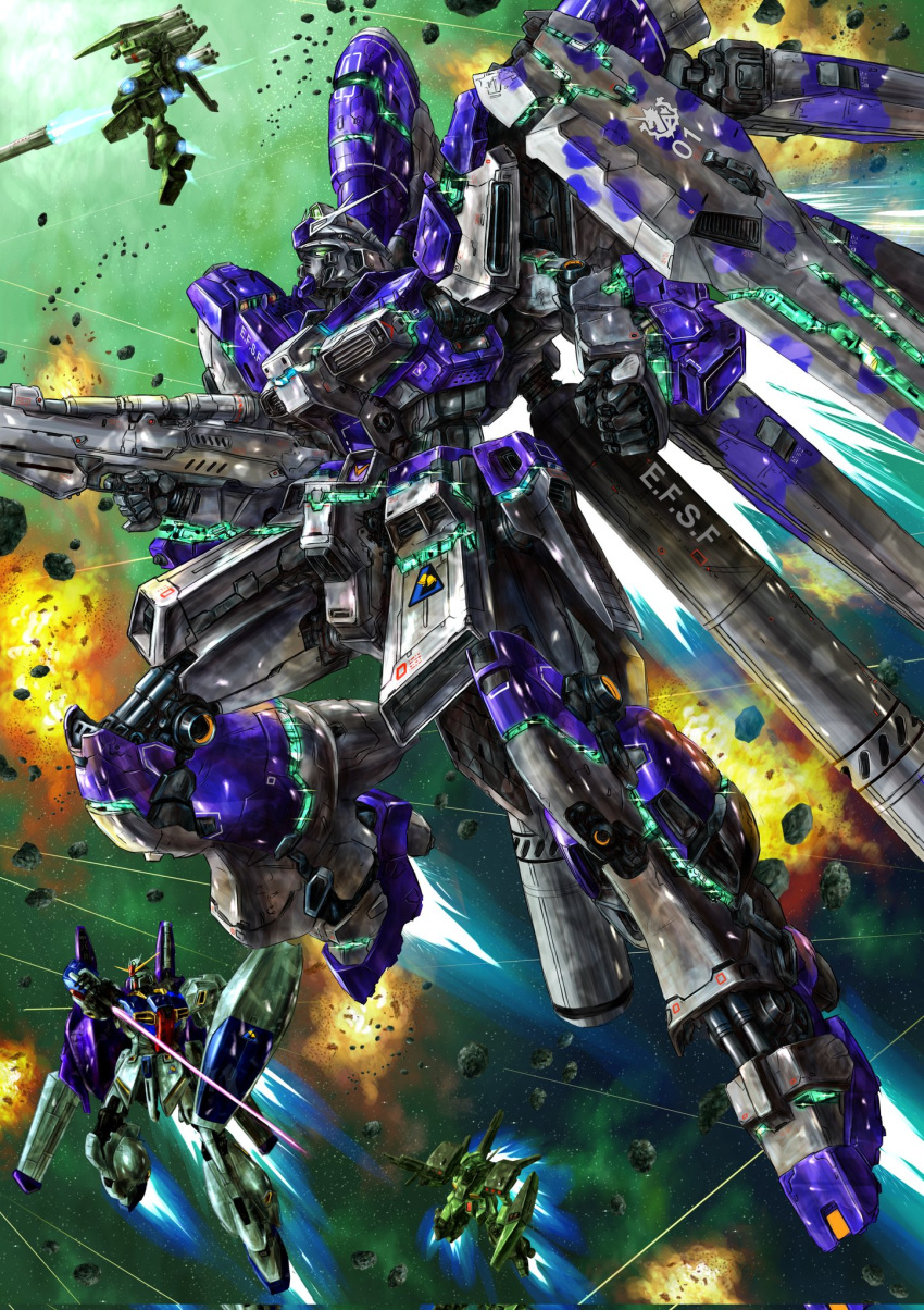 arm_shield, assault_visor, asteroid, beam_rifle, char's_counterattack, char's_counterattack_-_beltorchika's_children, clenched_hand, commentary_request