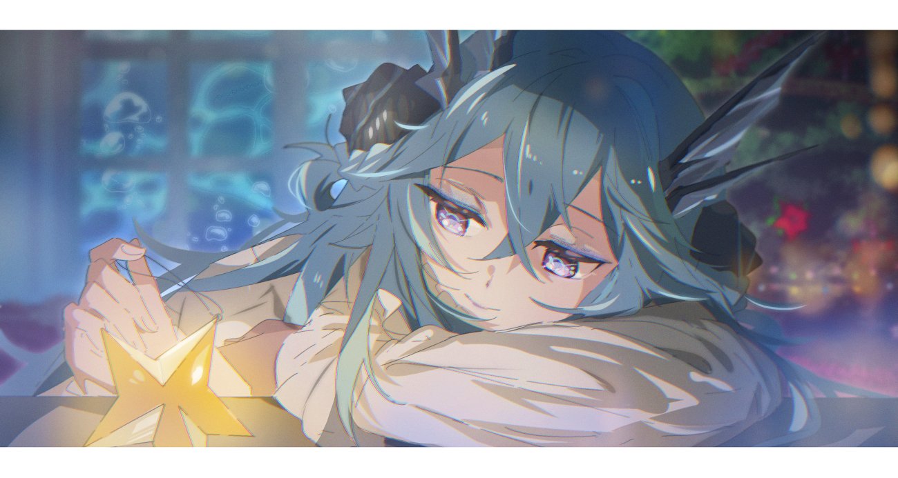1girl, aqua_hair, blue_hair, braid, christmas_ornaments, christmas_tree, closed_mouth, crossed_bangs