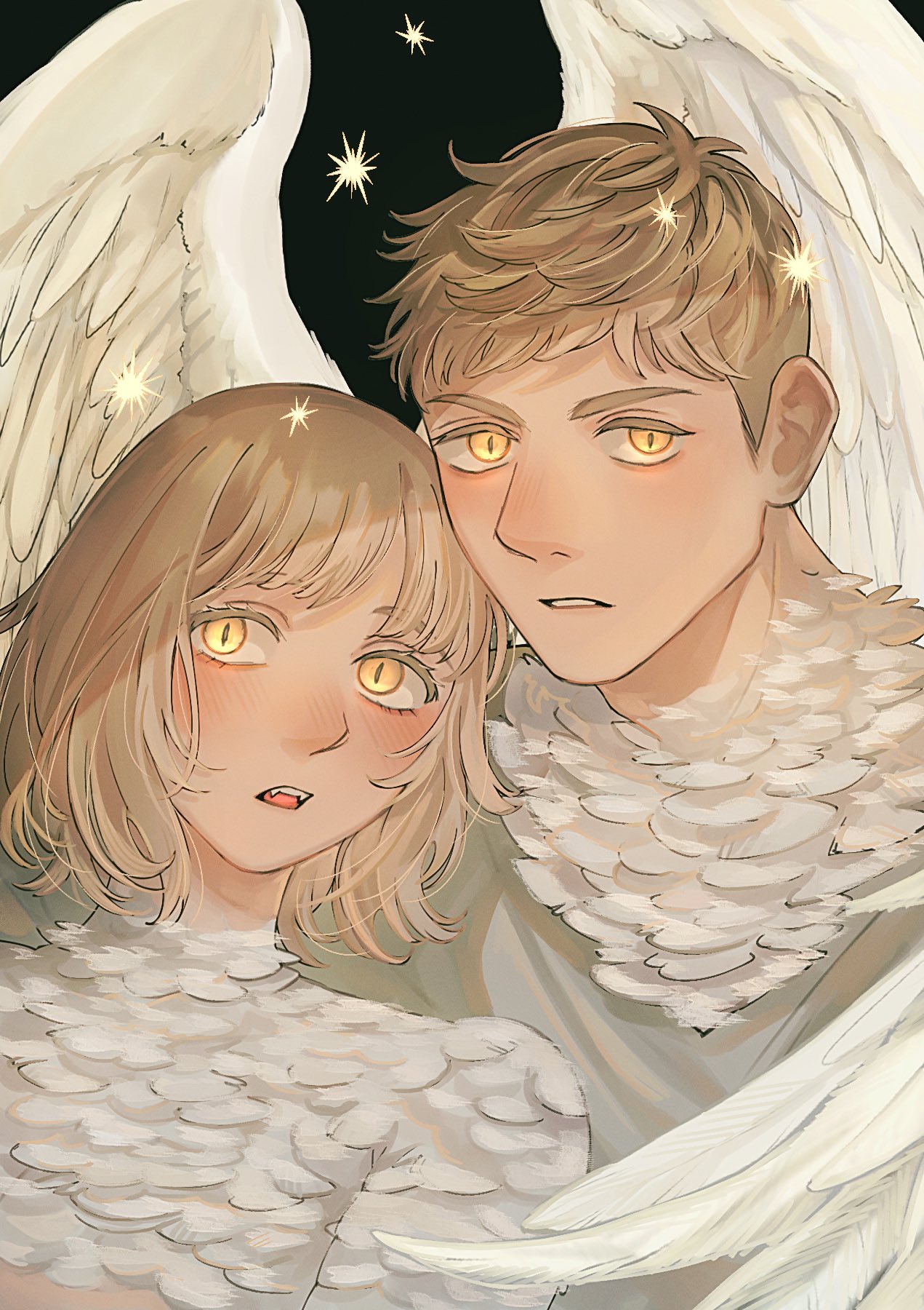 1boy, 1girl, alt_text, angel_wings, black_background, blonde_hair, brother_and_sister, colored_eyelashes, dungeon_meshi, falin_touden, falin_touden_(chimera), fangs, feathered_wings, feathers, glowing, glowing_eyes, grey_shirt, highres, laios_touden, laios_touden_(chimera), looking_at_viewer, monster_boy, monster_girl, parted_lips, sasakura34, shirt, short_hair, siblings, side-by-side, simple_background, slit_pupils, teeth, undercut, upper_body, upper_teeth_only, white_feathers, white_wings, wings, yellow_eyes