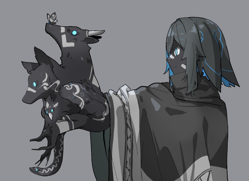 1girl, bird, black_hair, black_skin, blue_eyes, blue_hair, body_markings, bug, butterfly, butterfly_on_nose, colored_skin, facial_mark, glowing, glowing_eyes, goat, grey_background, light_smile, lizard, looking_to_the_side, multicolored_hair, original, outstretched_hand, poncho, shiny_skin, snake, solo, two-tone_hair, very_long_fingernails, wen_(yamunashi_(soregoshi)), wolf, yamunashi_(soregoshi)
