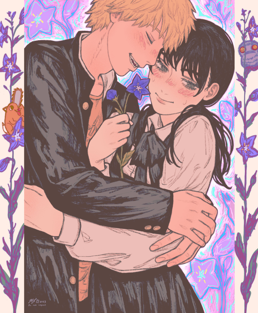 1boy, 1girl, absurdres, bellflower, black_hair, black_jacket, black_ribbon, blonde_hair