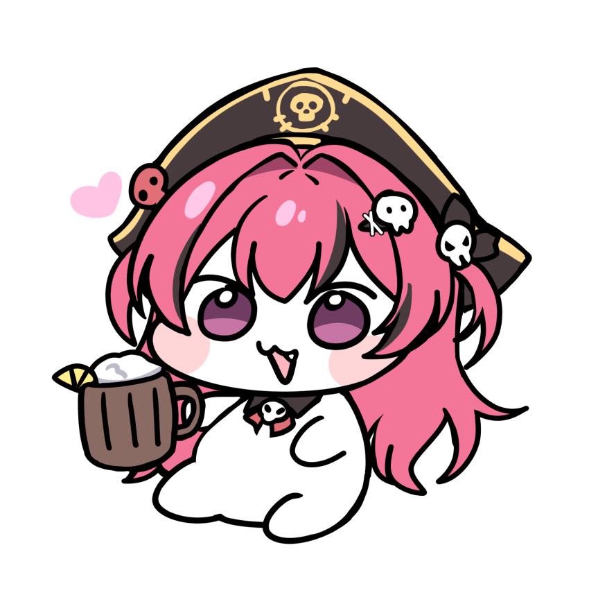 :3, alcohol, beer, blush, cup, detached_collar, doro_(nikke), fang, goddess_of_victory:_nikke, hair_intakes, hair_ornament, hat, heart, highres, holding, holding_cup, mast_(nikke), mast_(romantic_maid)_(nikke), moongzzi_s2, pink_hair, pirate_hat, ponytail, sitting, skull_collar, skull_hair_ornament, white_background
