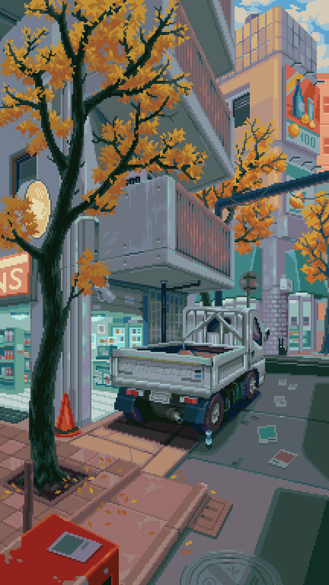 animated, animated_gif, autumn_leaves, blue_sky, building, city, cityscape, clouds
