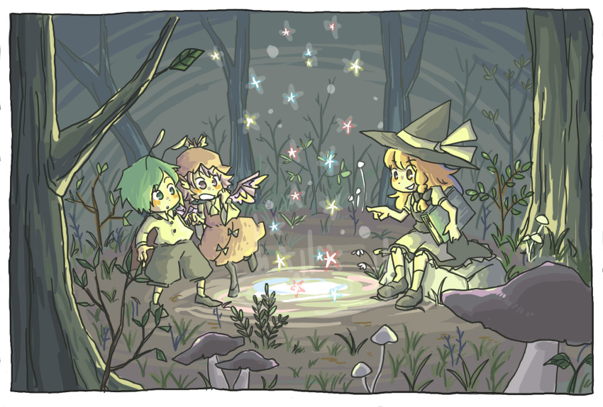forest, highres, kiga3bon, kirisame_marisa, magic, mystia_lorelei, nature, touhou