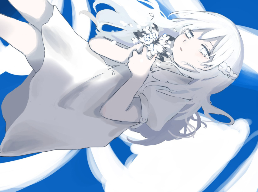 1girl, angel_care_(vocaloid), blue_background, collared_dress, commentary_request, crying, crying_with_eyes_open, dress