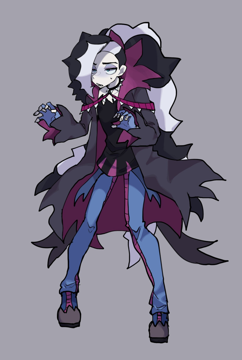 1boy, black_coat, black_hair, black_shirt, blue_footwear, blue_gloves, blue_pants, claw_pose, coat, collar, cosplay, eyeshadow, fingerless_gloves, full_body, gloves, green_eyes, grey_background, grey_eyeshadow, highres, hydreigon, hydreigon_(cosplay), long_hair, looking_at_viewer, makeup, male_focus, multicolored_hair, open_mouth, pants, piers_(pokemon), pokemon, pokemon_swsh, shiba_dzuke, shirt, simple_background, solo, spiked_collar, spikes, standing, sweatdrop, two-tone_hair, undercut, white_hair