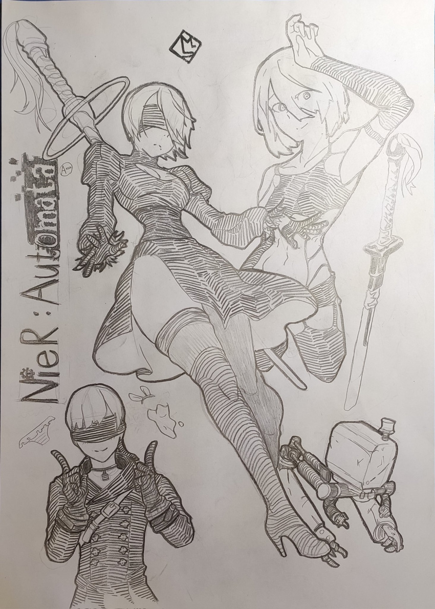 9s_(nier:automata), a2_(nier:automata), ass, black_blindfold, black_dress, black_gloves, black_hairband, blindfold