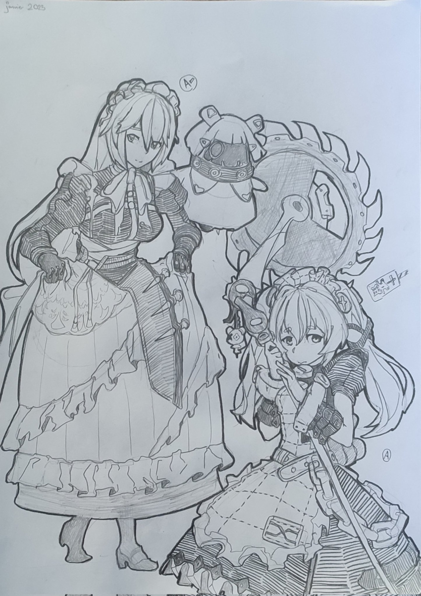2girls, alexandrina_sebastiane, apron, corin_wickes, cuffs, dress, graphite_(medium), hair_ribbon