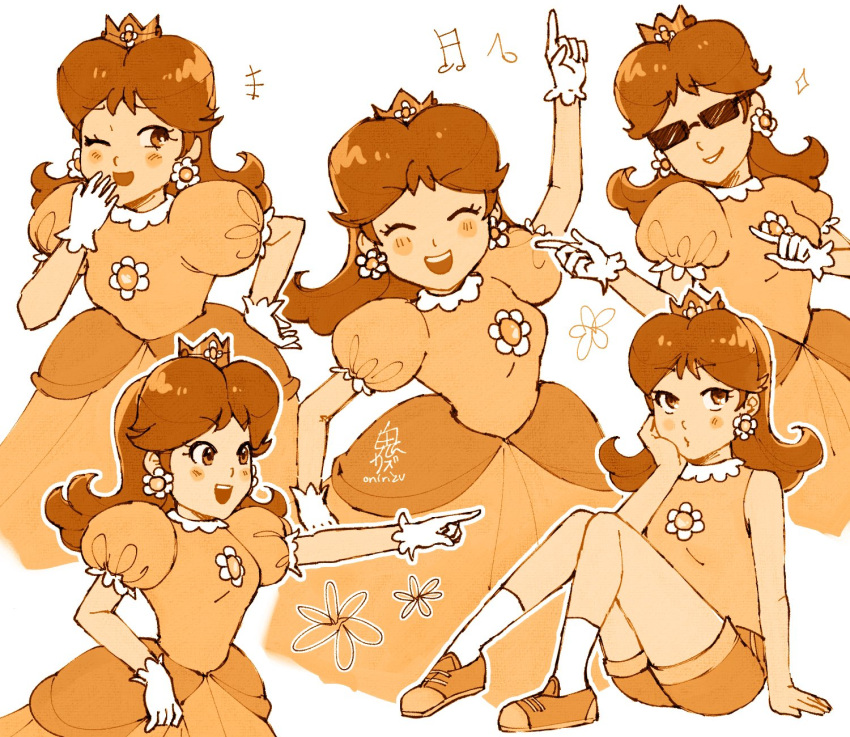 1girl, brown_hair, closed_eyes, crown, dress, earrings, flower_earrings, highres