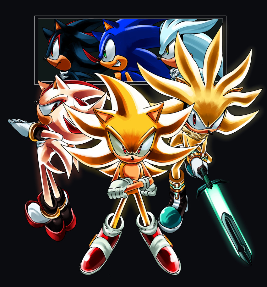 3boys, absurdres, bangle, black_background, bracelet, crossed_arms, energy_sword, english_commentary
