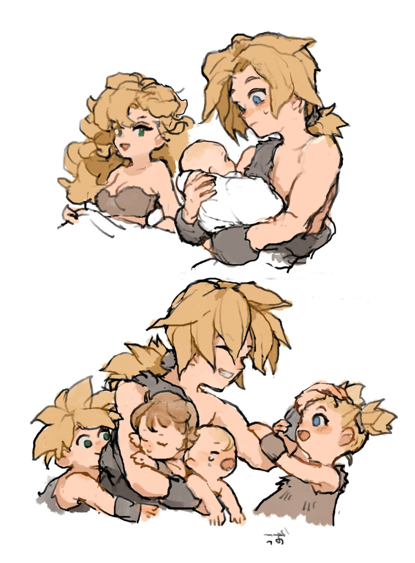 ayla_(chrono_trigger), baby, bald, blonde_hair, blue_eyes, child, chrono_trigger, fluffy_hair, fur_(clothing), fur_wrist_cuffs, highres, holding_baby, kino_(chrono_trigger), long_hair, multiple_boys, multiple_girls, short_ponytail, short_twintails, simple_background, smile, twintails, uzutanco, white_background, wrist_cuffs