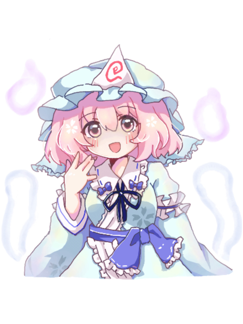 1girl, blue_dress, blue_hat, blue_sash, blush, dress, frilled_sash, hand_up