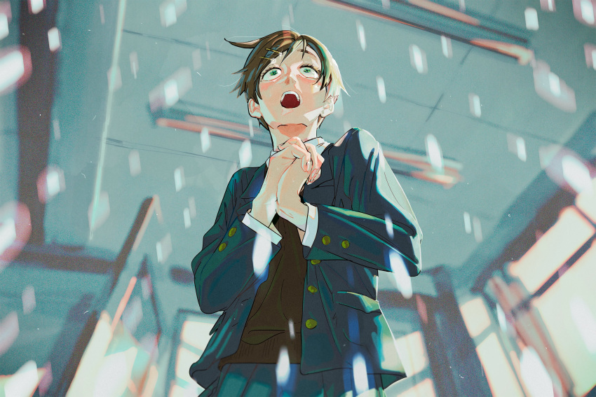 1girl, :o, awestruck, blazer, blue_jacket, blue_skirt, blurry, blurry_background