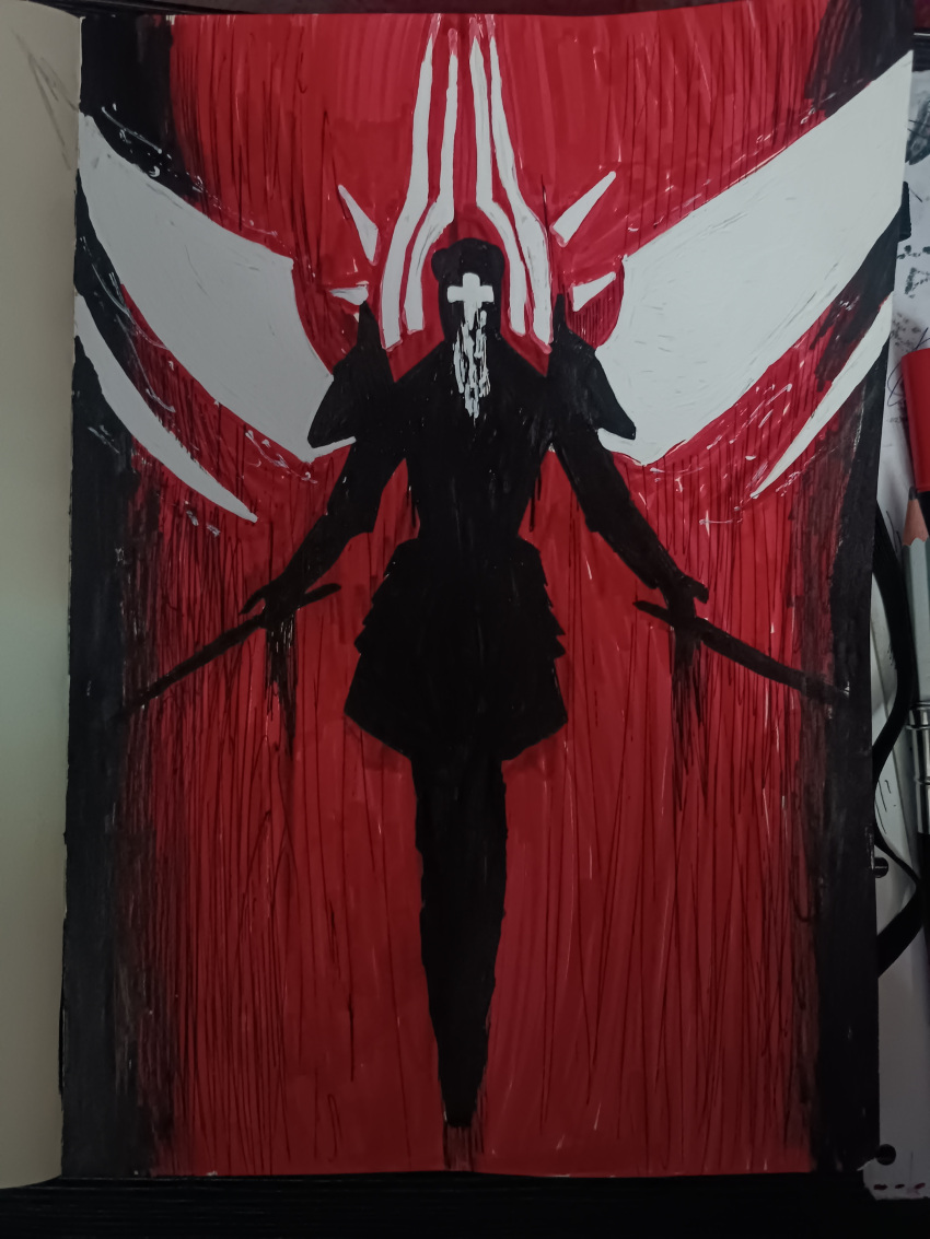 absurdres, angel_wings, gabriel_(ultrakill), highres, ninila29art, non-web_source, red_background, simple_background, traditional_media, white_wings, wings