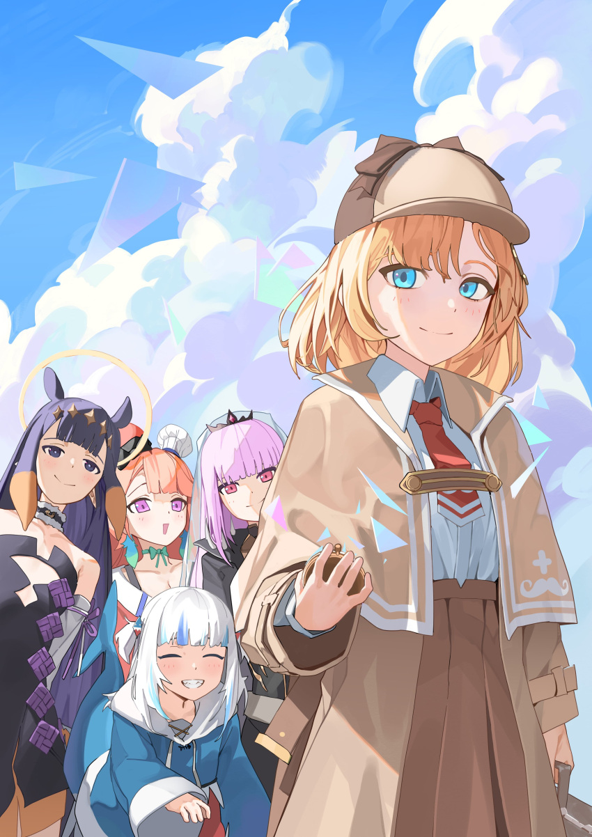 5girls, absurdres, arm_behind_back, bare_shoulders, black_cape, black_dress, black_hair, black_tiara
