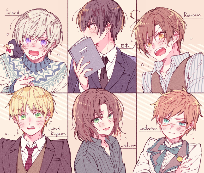 6+boys, ahoge, aqua_eyes, axis_powers_hetalia, beak, bird, black_hair, black_jacket