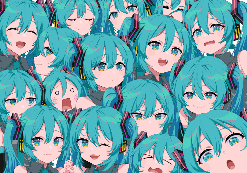 6+girls, absurdres, aqua_eyes, aqua_hair, aqua_necktie, bare_shoulders, clip_studio_paint_(medium), clone