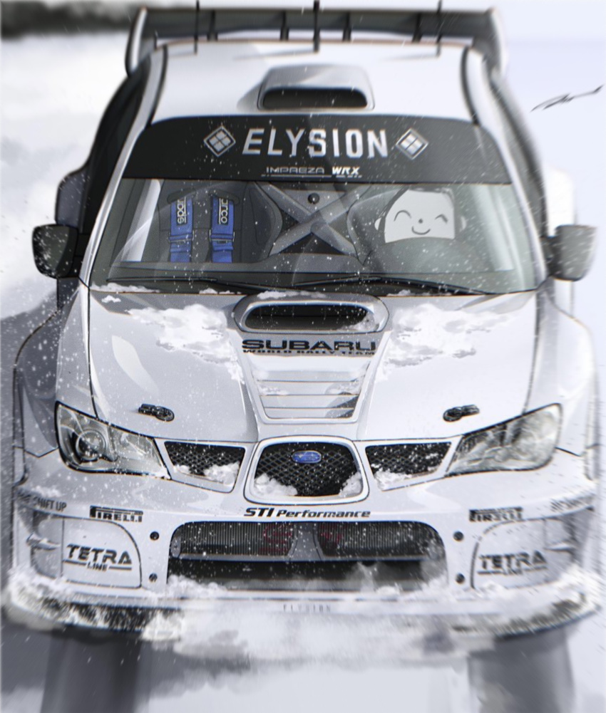 1boy, absurdres, blue_archive, car, closed_eyes, closed_mouth, commentary_request, doodle_sensei_(blue_archive), driving, goddess_of_victory:_nikke, highres, masada_masashi, motion_blur, motor_vehicle, outdoors, race_vehicle, racecar, rally_car, sensei_(blue_archive), smile, snow, solo, subaru_(brand), subaru_impreza, vehicle_focus, white_car