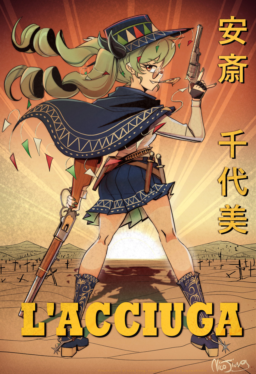 1girl, absurdres, anchovy_(girls_und_panzer), boots, brown_eyes, colt_1851_navy, cowboy_boots, cowboy_western