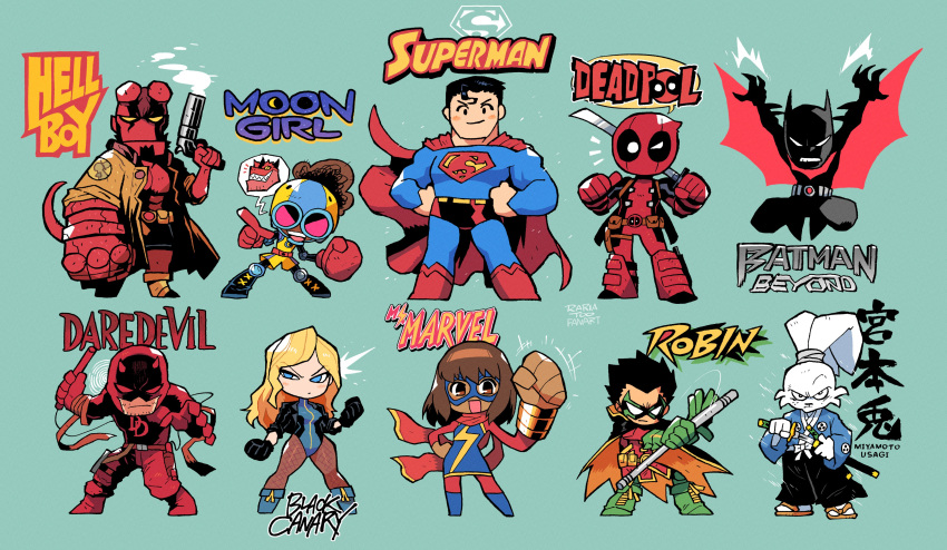 2girls, 6+boys, absurdres, bat_wings, batman, batman_(series), batman_beyond, black_canary, black_hair, blue_bodysuit, blue_eyes, bodysuit, brown_coat, coat, commentary_request, damian_wayne, daredevil, dc_comics, deadpool, deadpool_(series), demon_boy, english_commentary, eye_mask, gun, hands_on_own_hips, hellboy, hellboy_(comic), helmet, highres, holding, holding_gun, holding_staff, holding_sword, holding_weapon, kamala_khan, katana, leotard, light_smile, marvel, mixed-language_commentary, miyamoto_usagi, moon_girl_and_devil_dinosaur, multiple_boys, multiple_girls, rariatto_(ganguri), red_bodysuit, staff, superhero_costume, superman, superman_(series), sword, usagi_yojimbo, weapon, wings