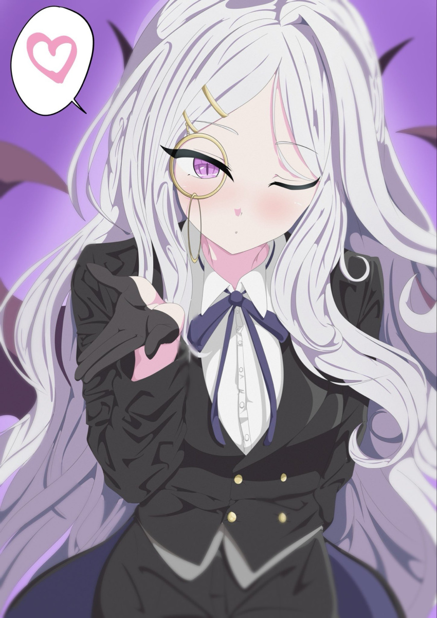1girl, ;d, alternate_costume, black_gloves, black_pants, black_suit, blowing_kiss, blue_archive
