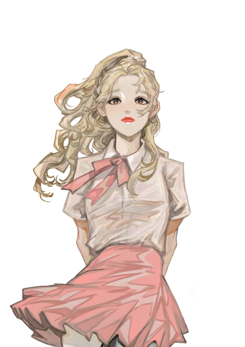 1girl, absurdres, blonde_hair, brown_eyes, commentary_request, cowboy_shot, goddessgrayfruit, half_updo