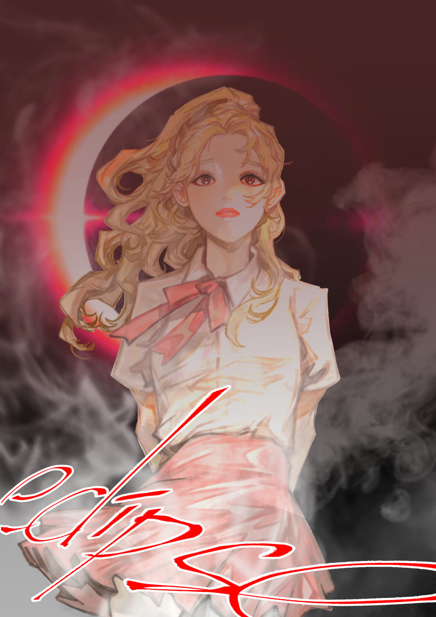 1girl, absurdres, blonde_hair, commentary_request, eclipse, goddessgrayfruit, half_updo, highres