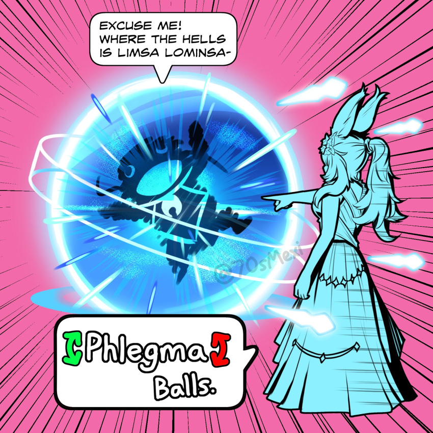 1girl, 1other, animal_ears, deez_nuts_(meme), dr._manhattan_kills_rorschach_(meme), dress, explosion, final_fantasy