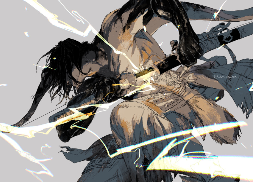 1boy, ashina_genichirou, black_hair, bow_(weapon), electricity, grey_background, highres, holding, holding_sword, holding_weapon, japanese_clothes, katana, male_focus, pants, piyomotsu, sekiro:_shadows_die_twice, simple_background, solo, sword, weapon