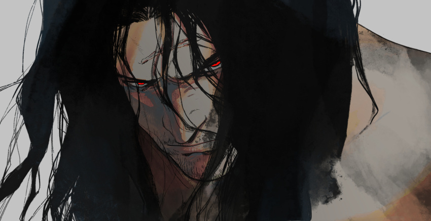 1boy, ashina_genichirou, black_hair, facial_hair, frown, grey_background, highres, long_hair