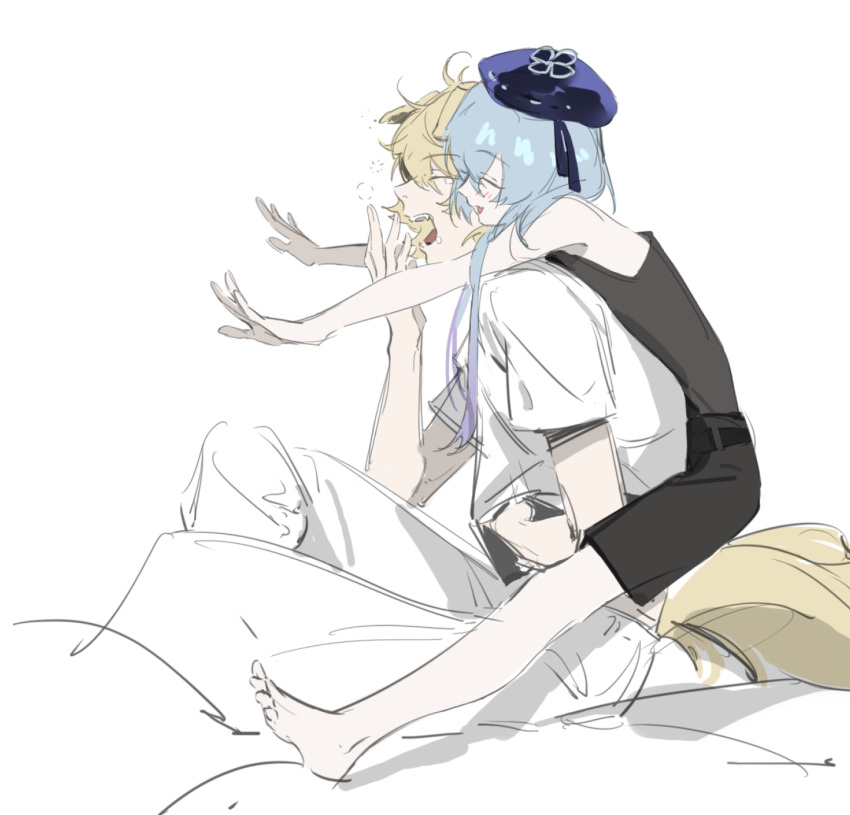 2boys, ahoge, animal_ears, arknights, barefoot, beret, black_shorts, black_vest