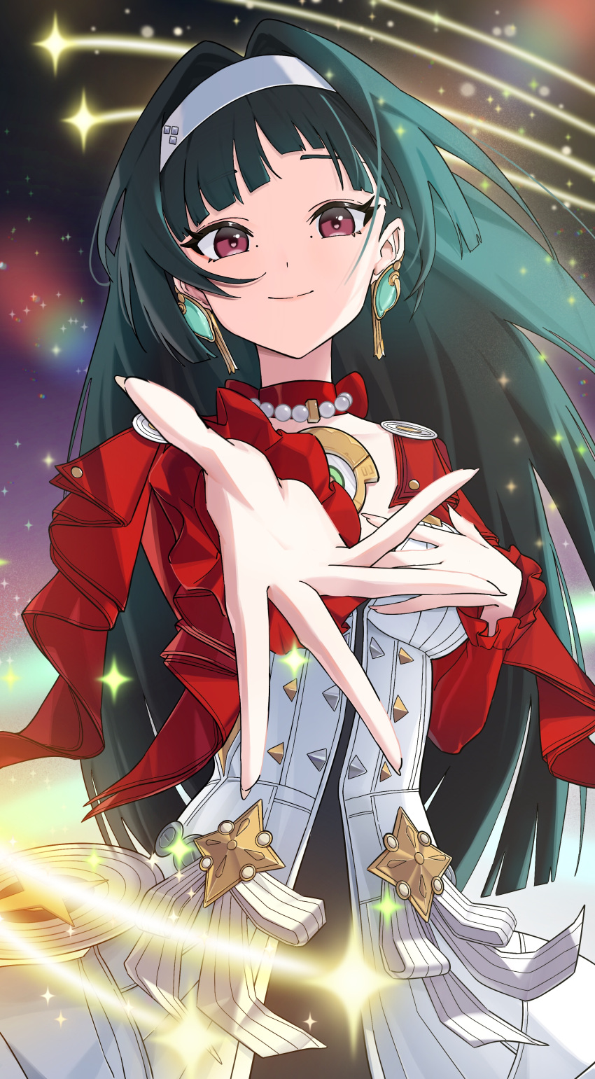 1girl, absurdres, aichry, astra_yao, black_hair, blunt_bangs, duplicate, earrings, highres, jewelry, long_hair, long_sleeves, looking_at_viewer, offering_hand, pixel-perfect_duplicate, puffy_long_sleeves, puffy_sleeves, red_eyes, smile, solo, zenless_zone_zero
