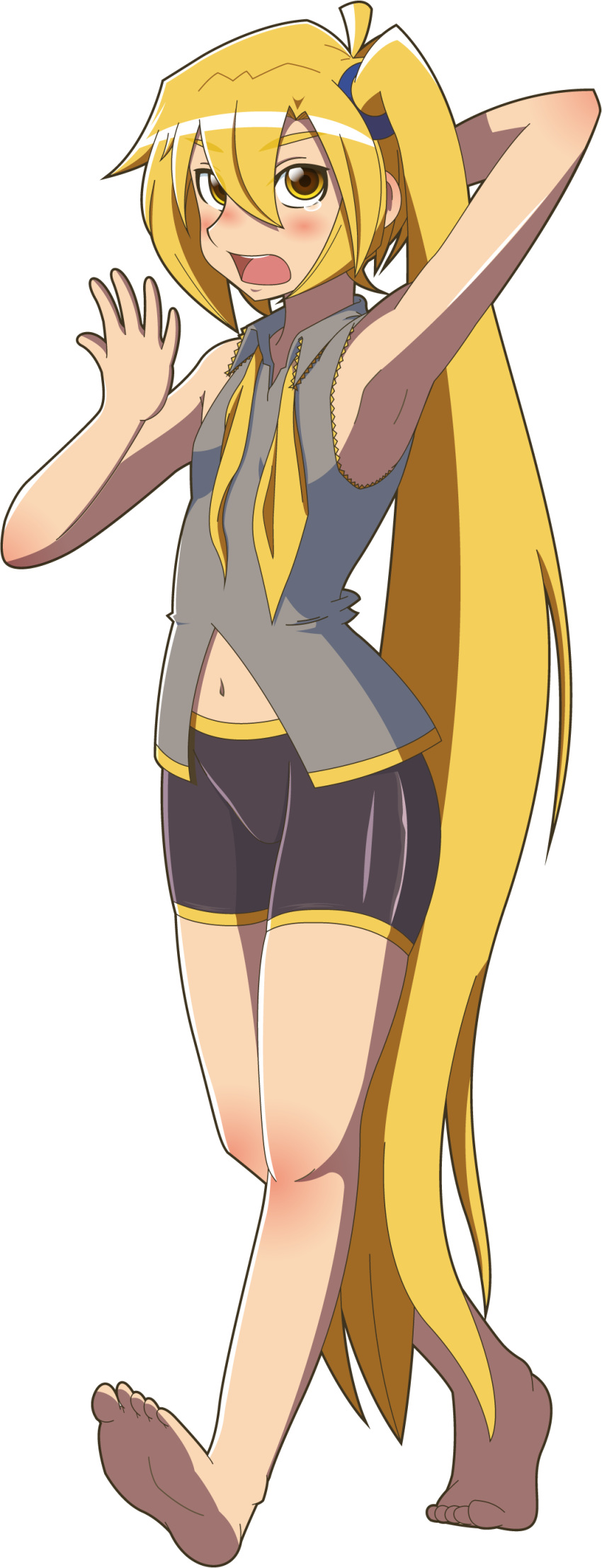 1girl, absurdres, akita_neru, antenna_hair, arm_behind_head, arm_up, armpits, bare_arms