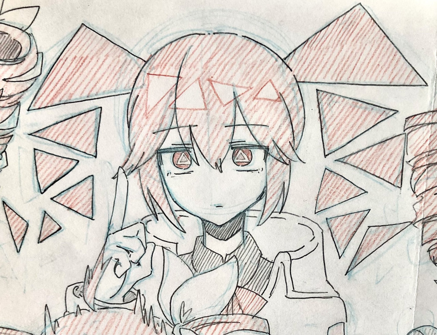 1girl, alternate_costume, coat, colored_pencil_(medium), conc-r-eal_(synthesizer_v), double-parted_bangs, drill_hair, expressionless, graphite_(medium), highres, index_finger_raised, kasane_teto, kasane_teto_(sv), looking_at_viewer, pointing, pointing_up, red_hair, symbol-shaped_pupils, synthesizer_v, teteteto0, traditional_media, triangle-shaped_hair, triangle-shaped_pupils, twin_drills, twintails, utau, white_coat
