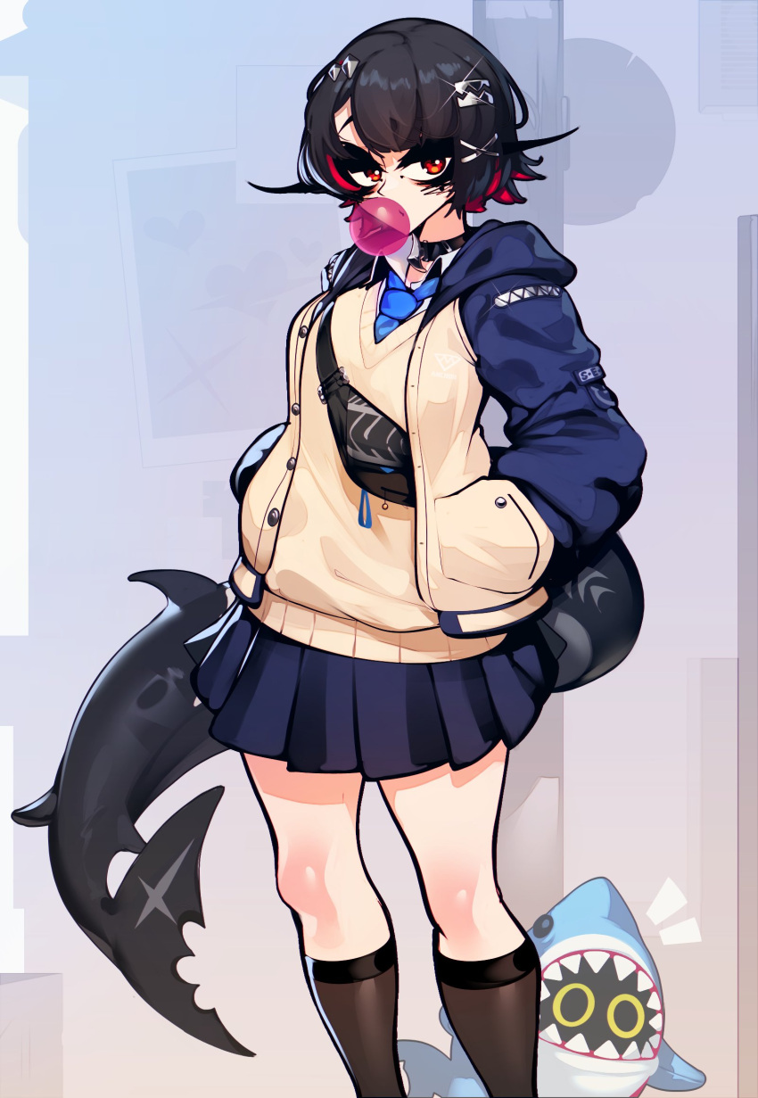 1girl, black_hair, black_socks, blowing_bubbles, cardigan, chewing_gum, colored_inner_hair, ellen_joe, fanny_pack, fins, fish_tail, highres, kneehighs, multicolored_hair, pleated_skirt, red_eyes, red_hair, sachiko_shirayuki, shark_girl, shark_tail, sharkboo_(zenless_zone_zero), short_hair, skirt, socks, tail, yellow_bag, yellow_cardigan, zenless_zone_zero
