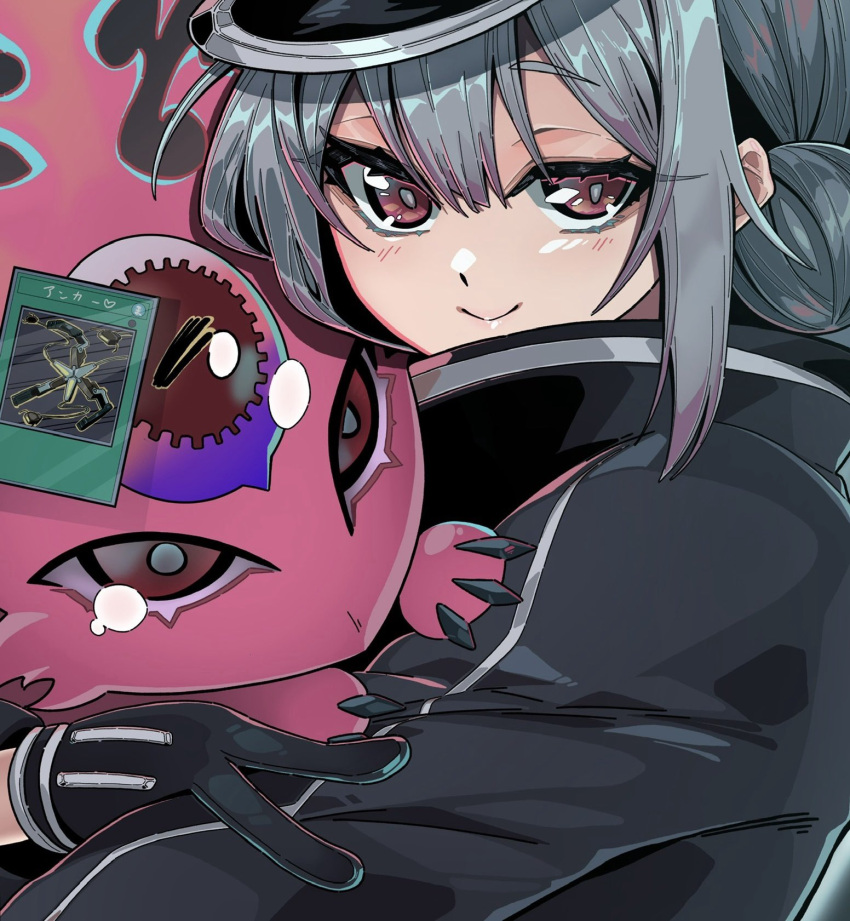 1girl, black_coat, black_hat, brown_eyes, coat, daiou_medama, duel_monster, gameplay_mechanics