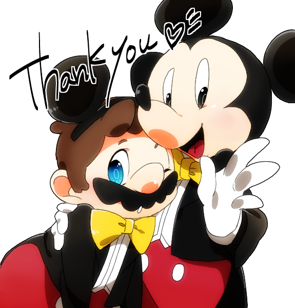 2boys, animal_ears, black_eyes, blue_eyes, bow, bowtie, crossover, disney