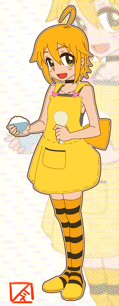1boy, :d, ahoge, akita_nero, apron, bare_arms, bare_shoulders, black_choker