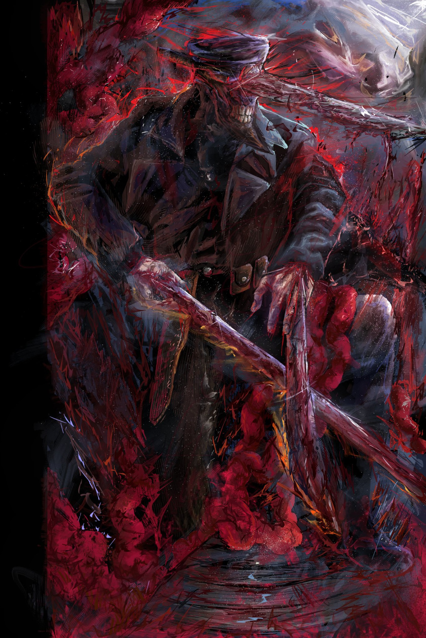 1boy, black_jacket, blood, callmeshiro, chainsaw, chainsaw_devil, chainsaw_man, clenched_teeth