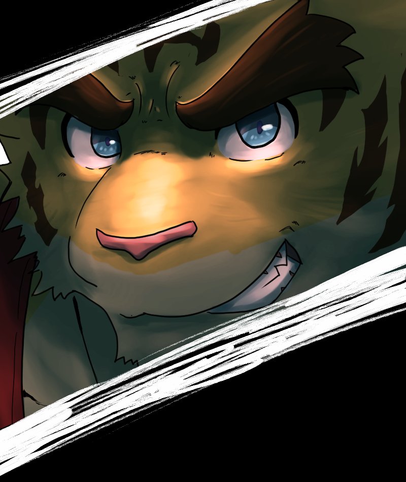 1boy, blue_eyes, cat_nose, close-up, collarbone, commentary_request, cut-in, fangs, furry, furry_male, grin, looking_at_viewer, male_focus, morenatsu, red_tank_top, smile, tank_top, tiger_stripes, torahiko_oshima, voitman2024, yellow_fur