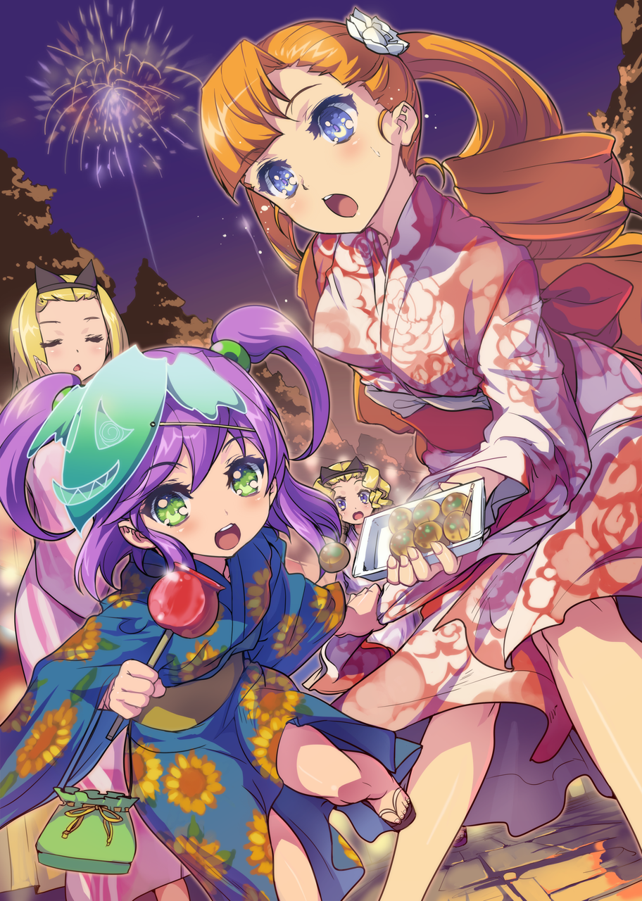 4girls, :d, :o, akaga_hirotaka, arcana_heart, arcana_heart_3, black_headdress, blonde_hair
