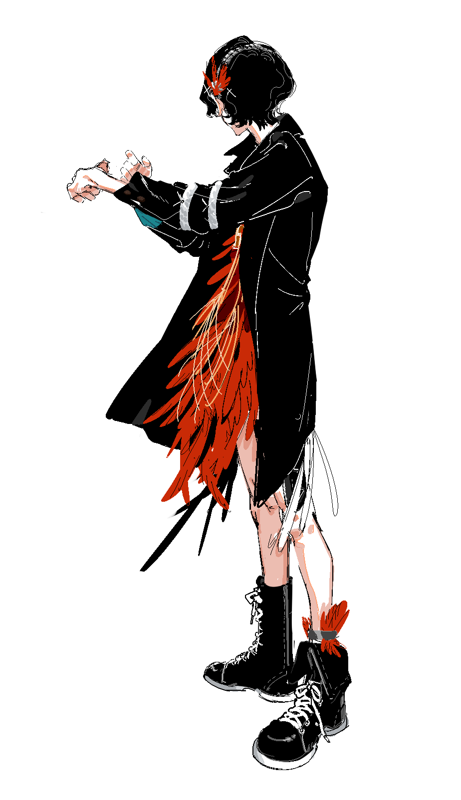 1girl, adjusting_clothes, adjusting_sleeves, ankle_boots, anklet, black_coat, black_footwear, black_hair