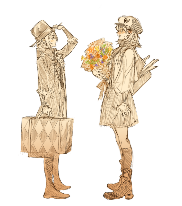 2girls, ascot, backpack, bag, blush, boots, bouquet, cabbie_hat