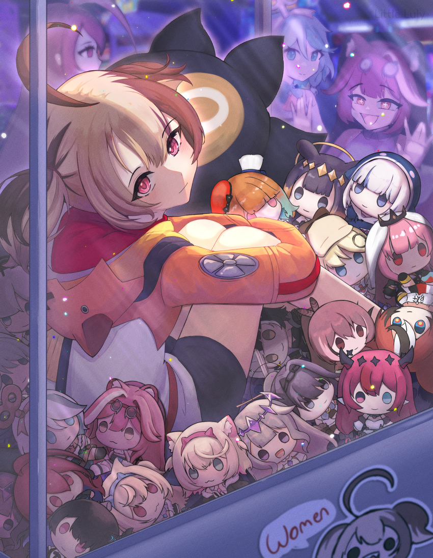 1girl, absurdres, bike_shorts, cecilia_immergreen, crane_game, elizabeth_rose_bloodflame, gawr_gura, gigi_murin